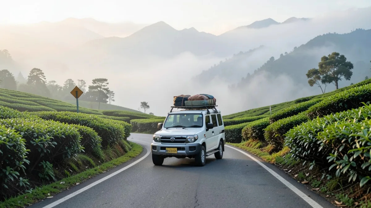 A white shared taxi drives on a winding mountain road through tea gardens in the Himalayan foothills.