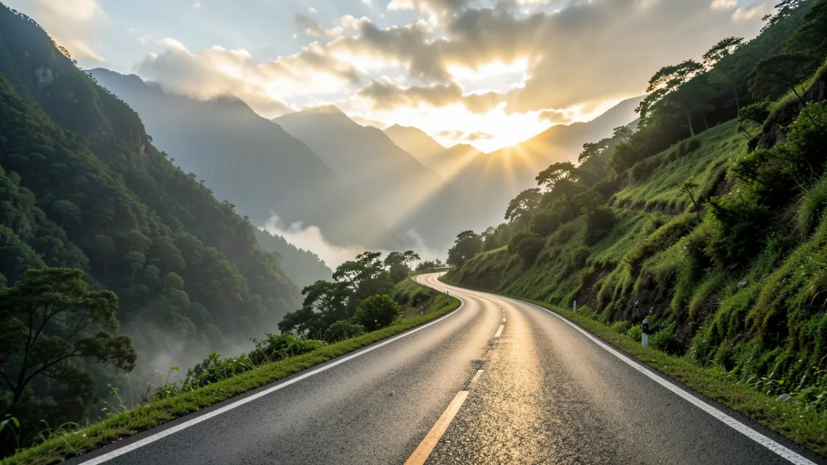A white  SUV drives on a winding road through misty green mountains. At the Right side show the image of Mocabs app being displayed on the Screen of Smart Phone.