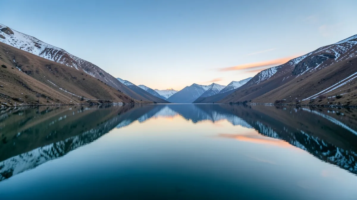 A serene, wide view of Tsomgo Lake at dawn, reflecting the clear sky and surrounding mountains, with no people or vehicles in sight.